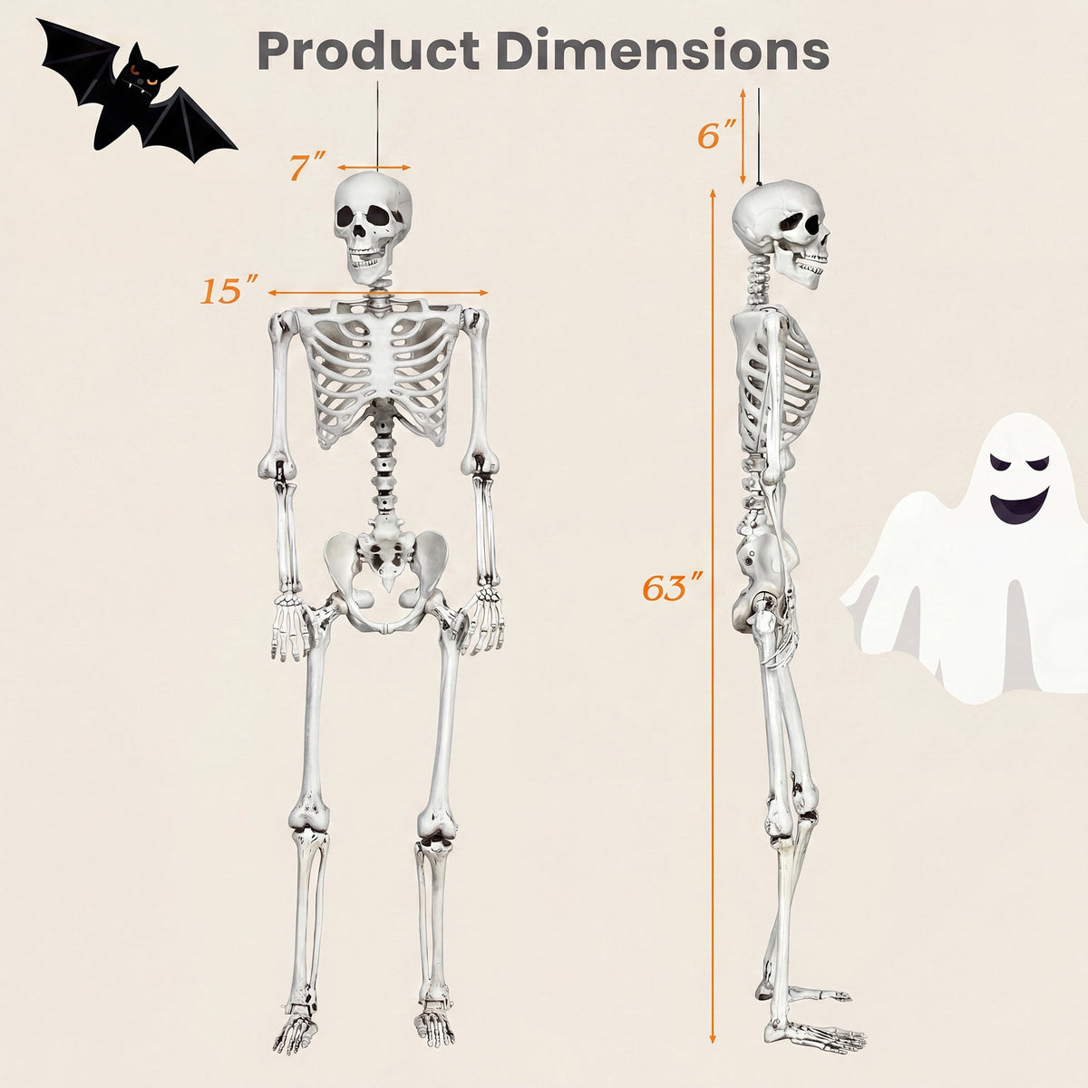 Costway 5.4ft Halloween Christmas Skeleton Life Size Realistic Full Body Hanging with Movable Joints 63 Inches