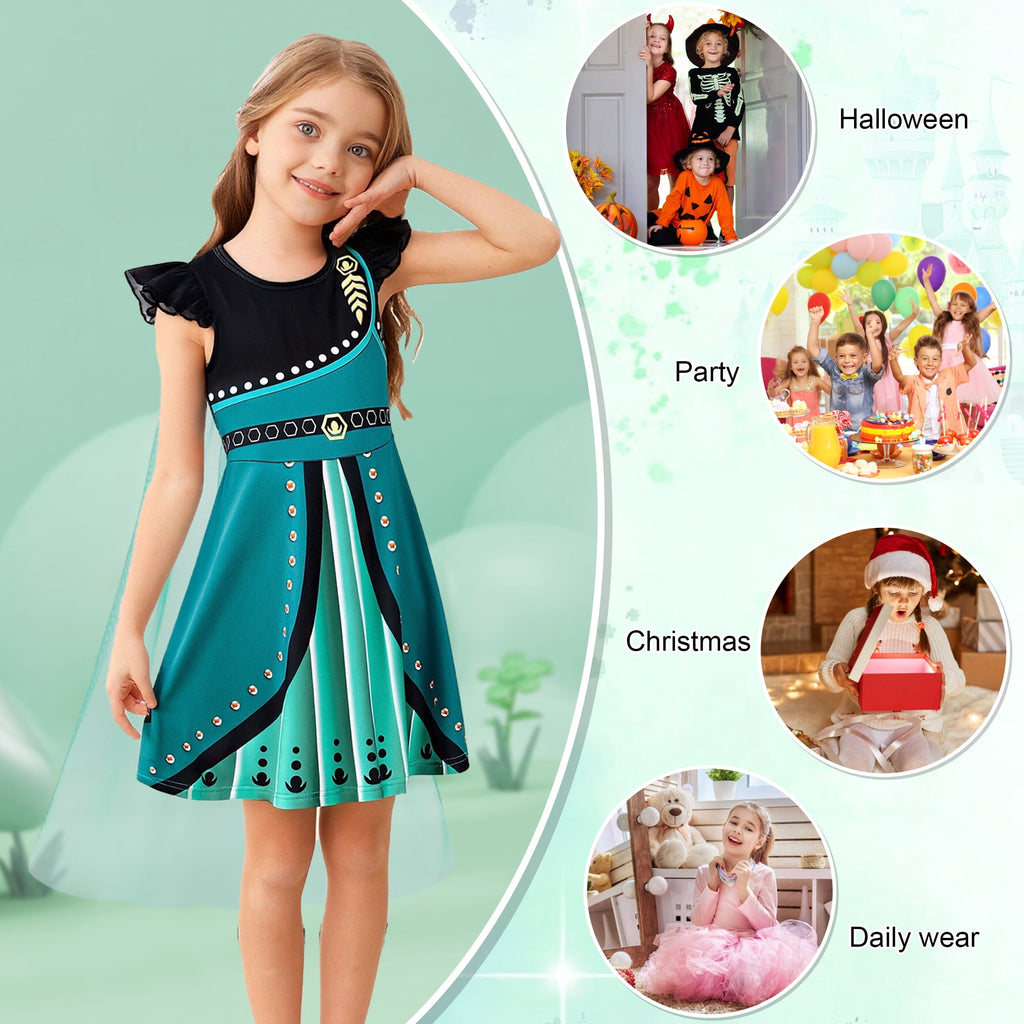 Benylion Girls Ice Princess Dress Halloween Cosplay Costumes With Tulle Cape Kids Birthday Party Dress up Outfit for 7-8 Years