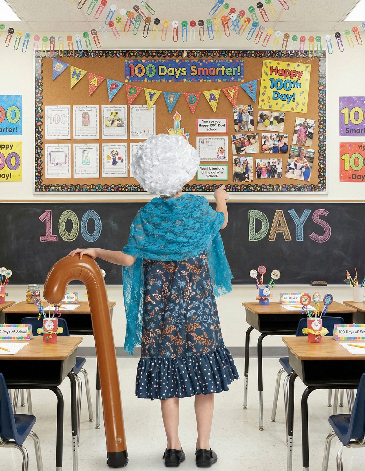 Girls Old Lady Costume, 100th Day of School 6 Pcs Dress Wig Accessories for Kids Granny Cosplay Blue 8-10Y