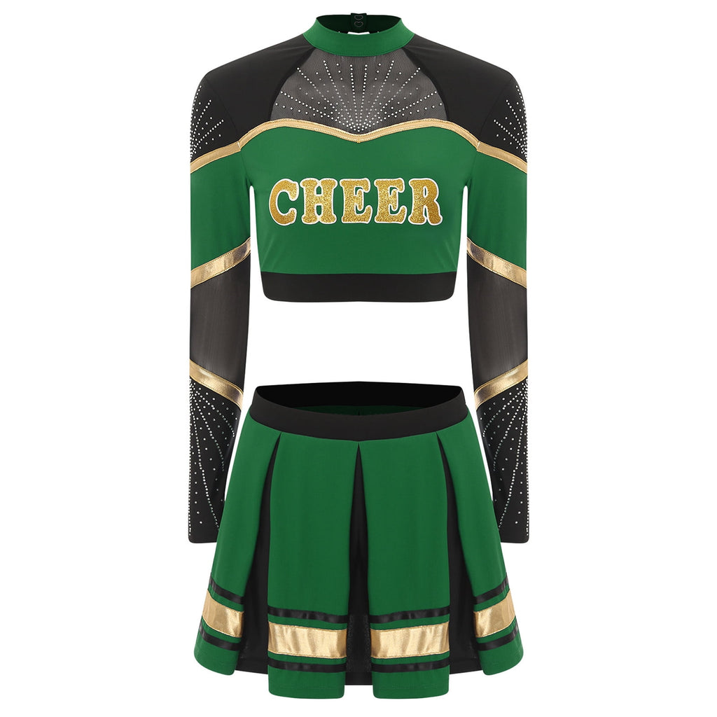 TiaoBug Women Cheer Leader Uniform Dance Cheerleading Costume Long Sleeve Crop Top with Mini Skirt White S