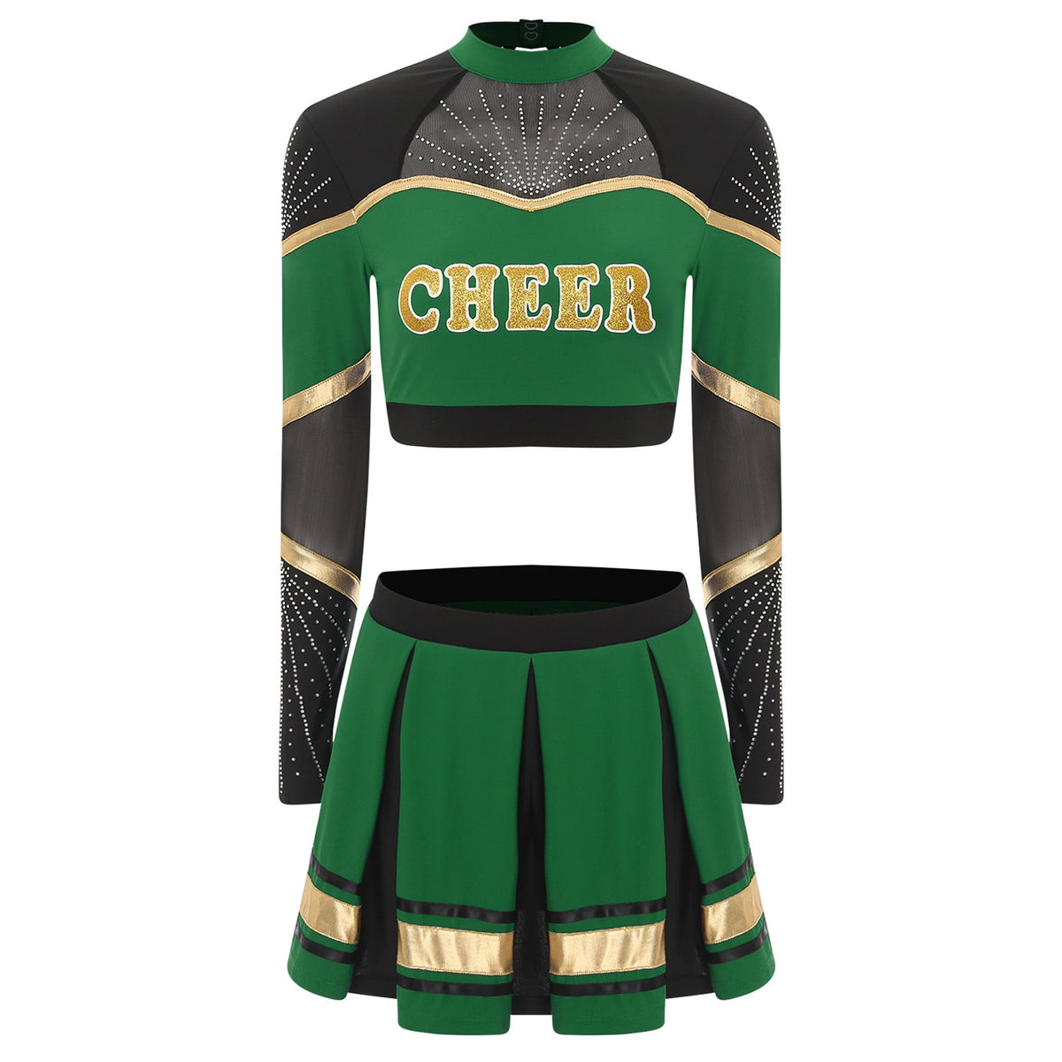 TiaoBug Women Cheer Leader Uniform Dance Cheerleading Costume Long Sleeve Crop Top with Mini Skirt White S