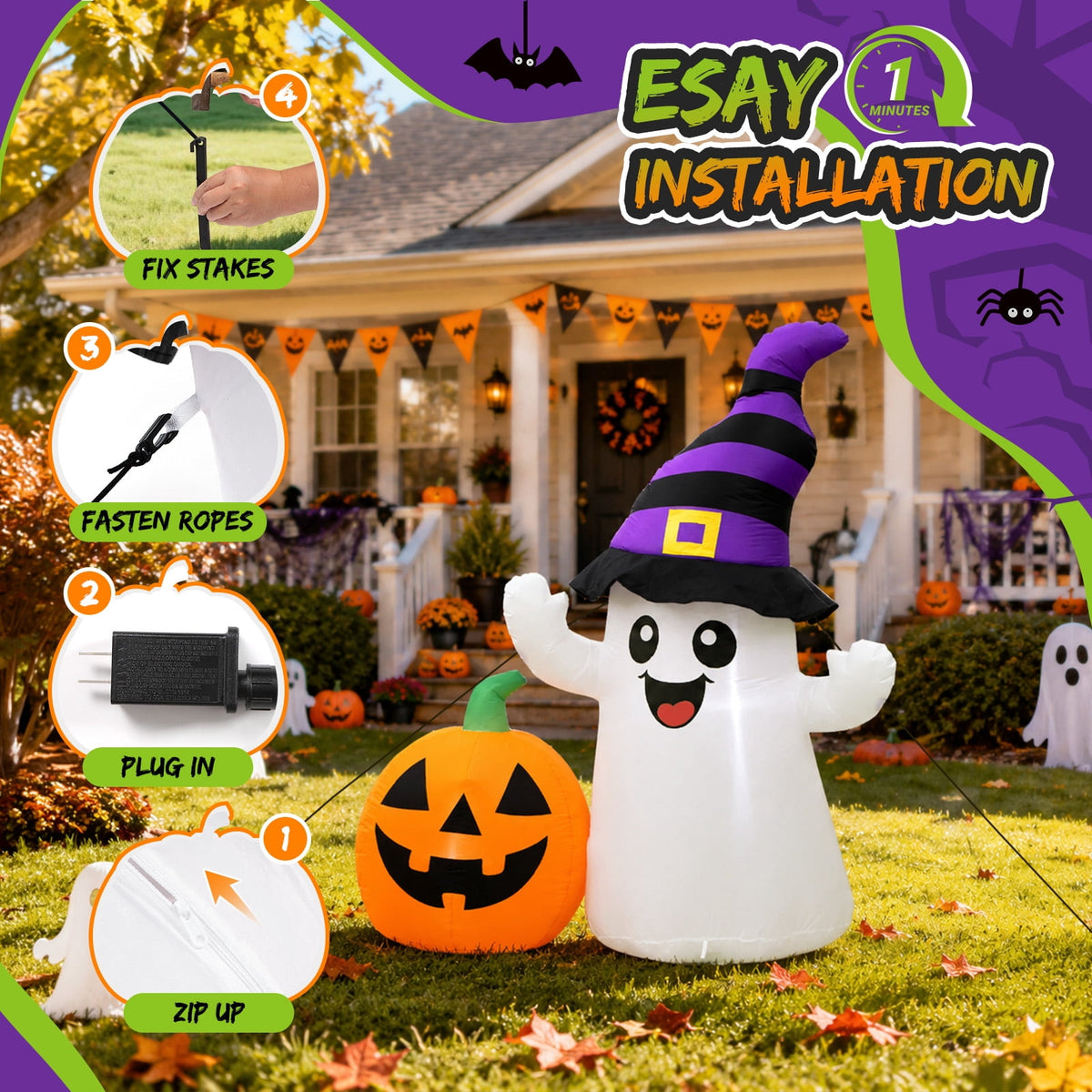 Toiyjofe 5.5 ft Halloween Inflatable Ghost with Pumpkin, LED Lighted Cute Halloween Yard Decoration for Porch, Lawn, Walkway & Party