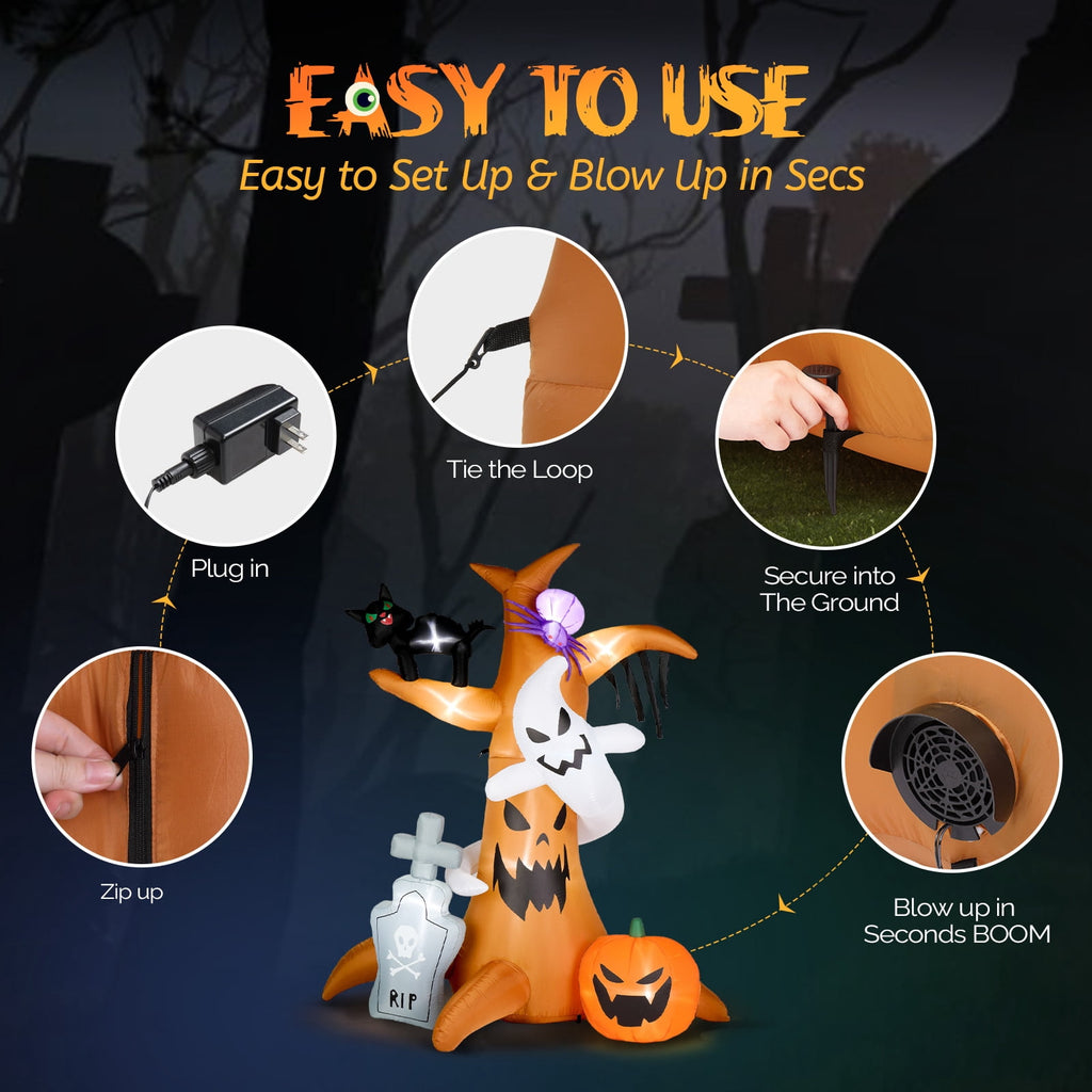 UBesGoo Inflateble Halloween Decoration 8FT Tree w/ Tombstone Pumpkin Ghost and Cat