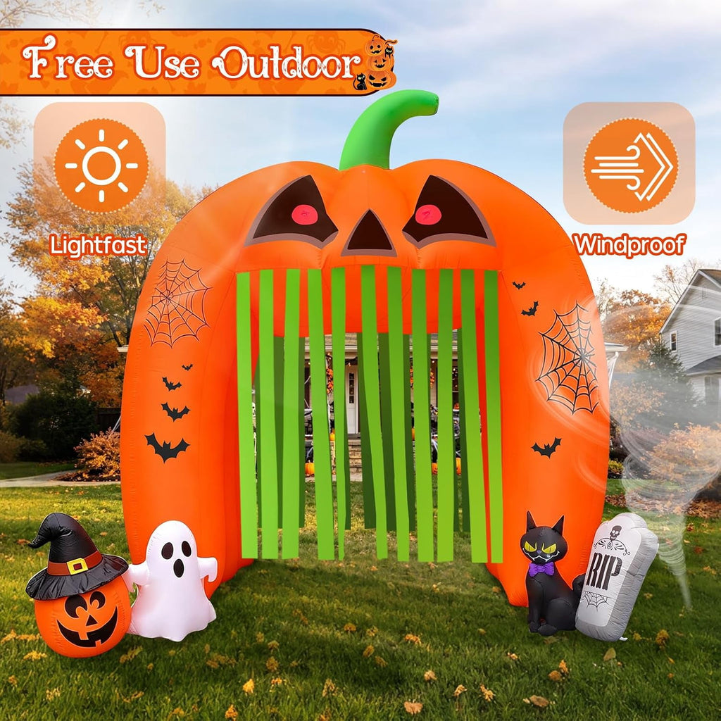Kalolary 12FT Halloween Inflatable Pumpkin Tunnel Archway, Walk-Through Haunted House with Ghost, Cat & Tombstone for Outdoor Yard Decoration