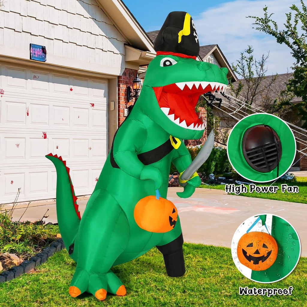 GOOSH 7FT Outdoor Halloween Decorations Halloween Dinosaur Inflatable, Halloween Inflatables Blow up Dinosaur, Green Pirate Dino Halloween Decorations Dinosaur Halloween Inflatable for Holiday/Party