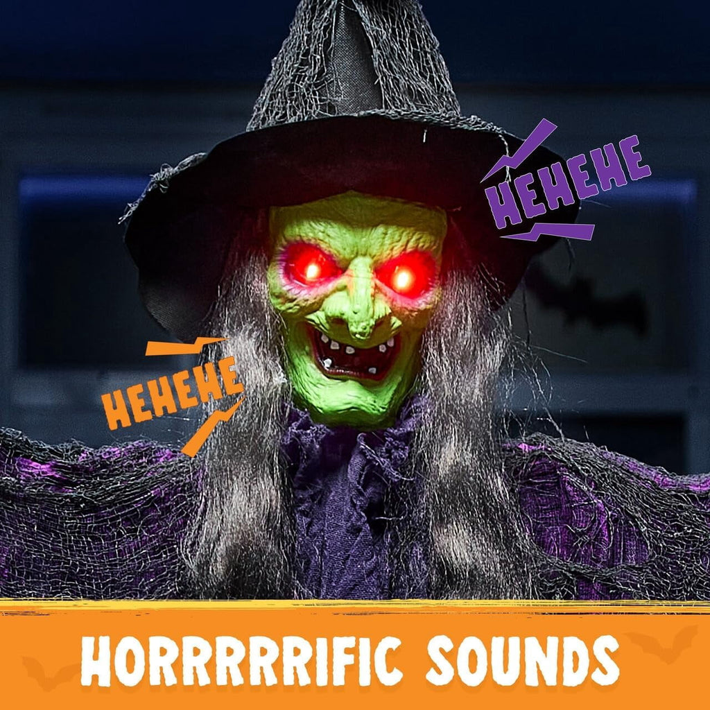 Joyfy 6ft Halloween Witch Decoration,Outdoor Scary Halloween Animatronic Hanging Witch with Light Up Eyes and Sound Decoration for Halloween Outdoor