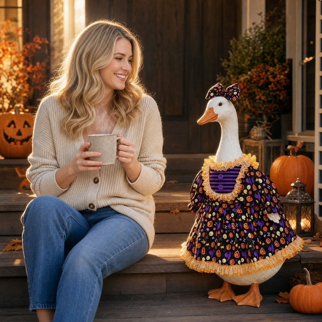 Bat Witch Hat Spiderweb Halloween Goose Clothes Fit 17/23In Cement Plastic Lawn Goose, Stylish Full Set for Outdoor Yard Patio Garden Seasonal Halloween Home Ornamental Arrangement