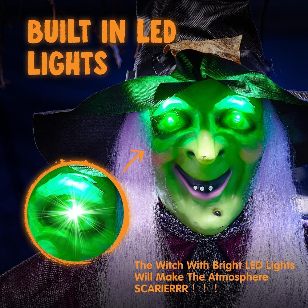 Joyfy 6ft Halloween Witch Decoration,Outdoor Scary Halloween Animatronic Hanging Witch with Light Up Eyes and Sound Decoration for Halloween Outdoor