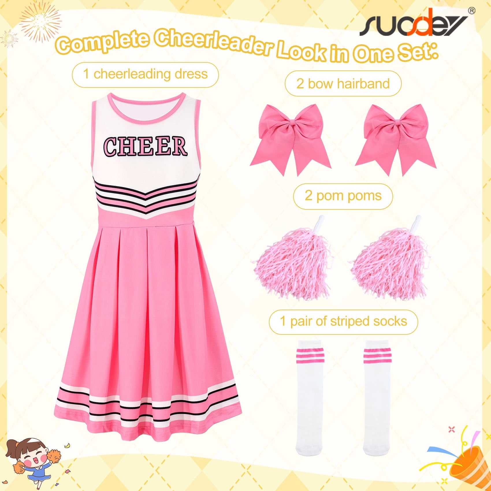 SUOSDEY Girls Cheerleader Costume Outfit Set,Kids Sleeveless Cheerleading Uniform for Party Birthday Halloween