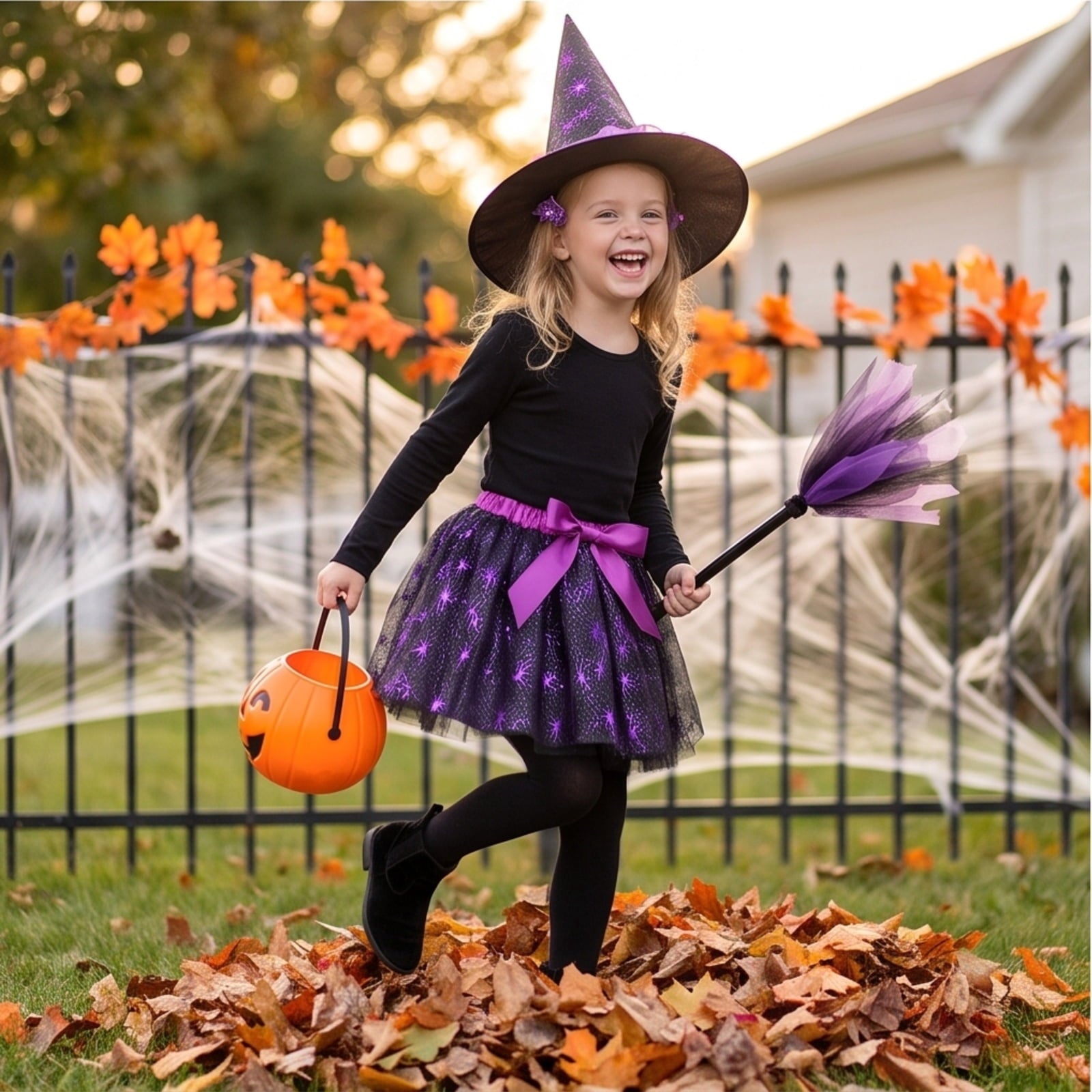 choiix Witch Tutu Skirt and Hat Set with Broomstick Halloween Costume Outfit with Printed Tulle Skirt and Witch Hat Cosplay Outfit for Party 100
