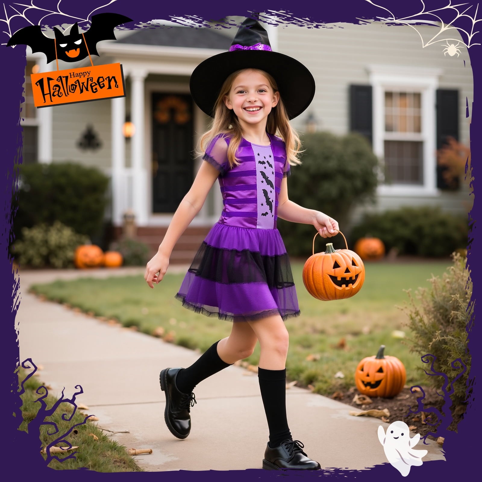 MAVOLIO Witch Costume Set with Hat for Girls, Halloween Dress‑up Outfit, Role‑Play Cosplay Costume for Toddler Kids 3‑12(m)