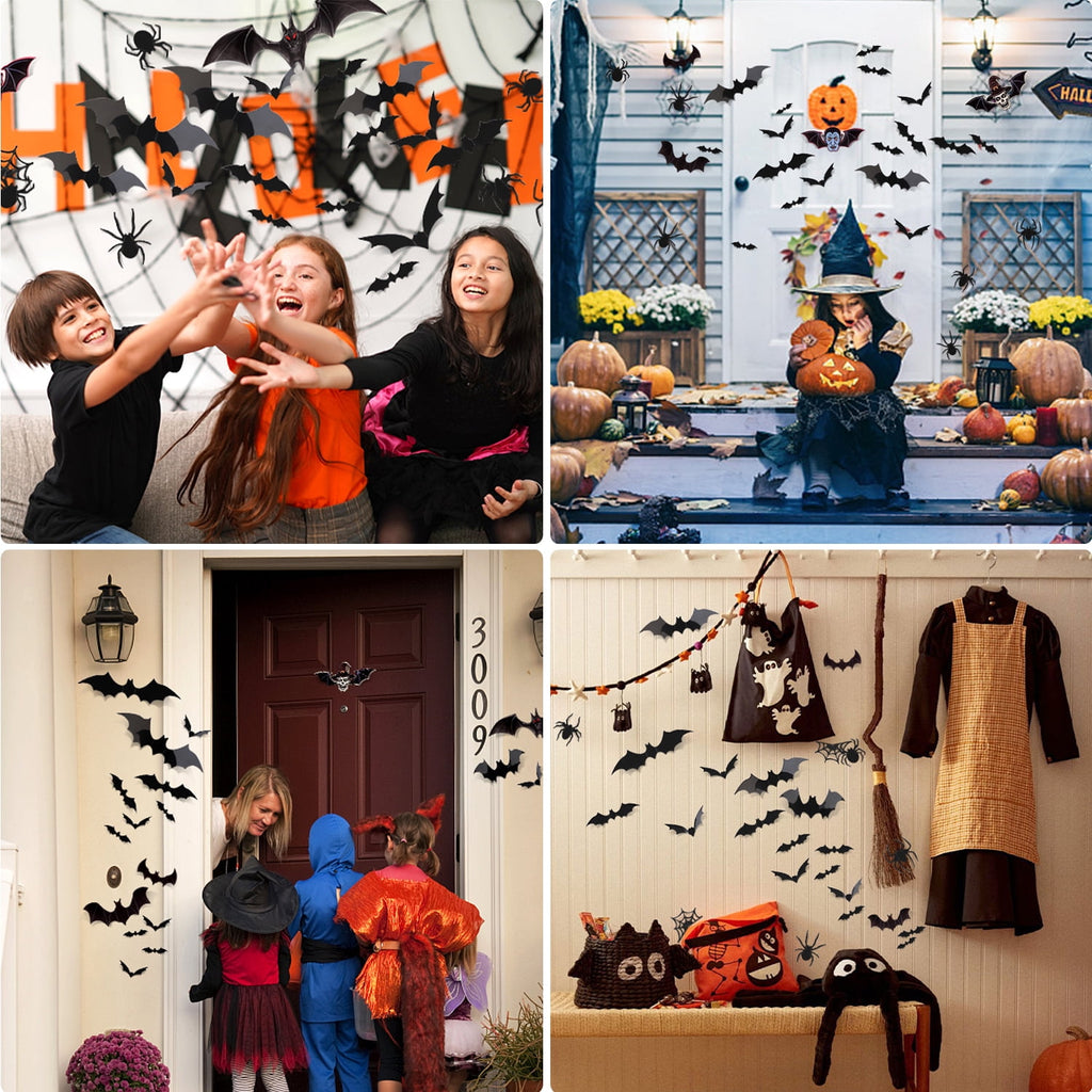 Ayieyill 126pcs Halloween Bat Stickers for Halloween Wall Decor and Window Clings, 3D Spider and Bat Decals for Indoor Halloween Decor