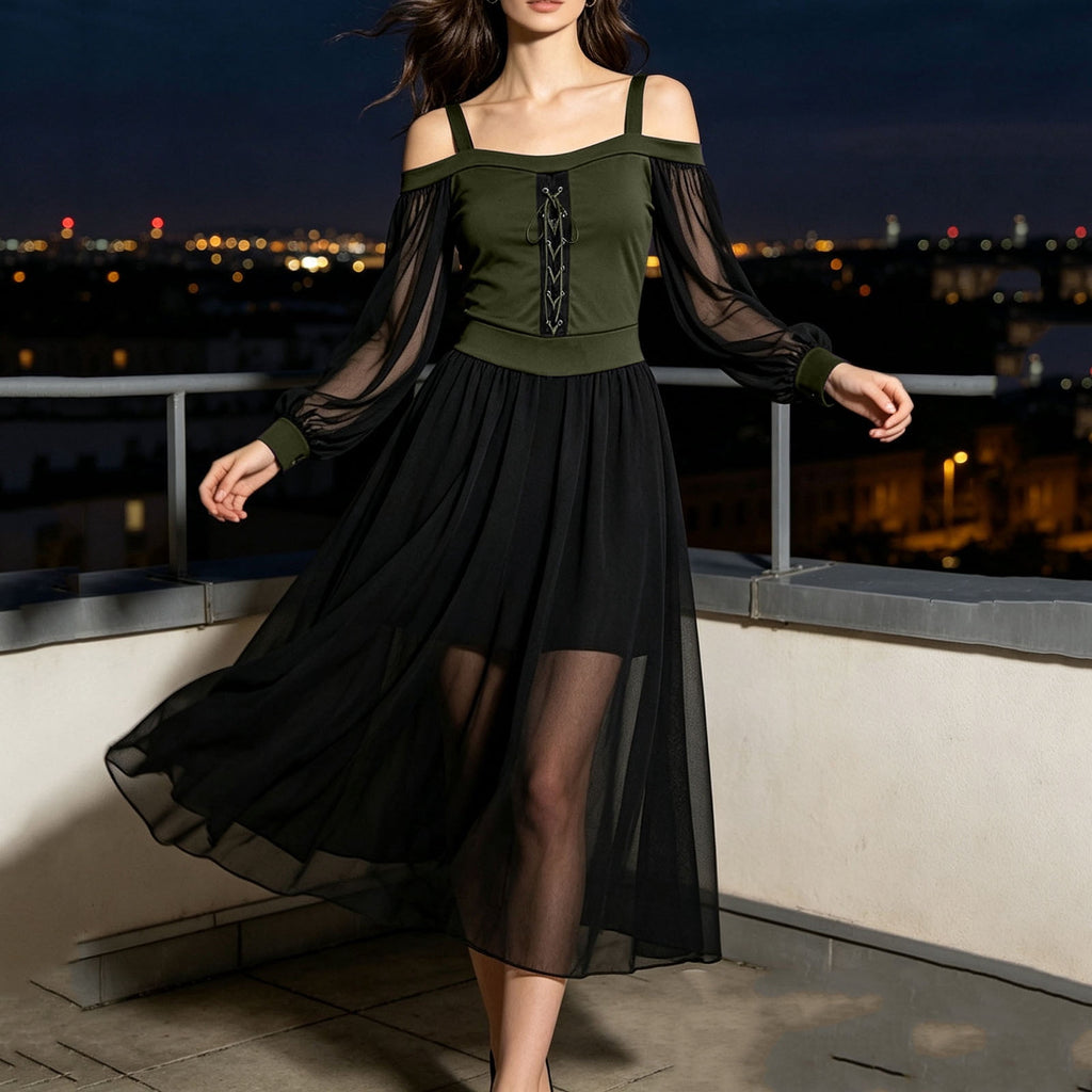 JOANKDMI Women's Gothic Midi Dress Elegant Vampire Costume Cold Shoulder Sheer Long Sleeve Lace-up Corset for Roleplay Halloween Party Outfit Chic, S-3XL