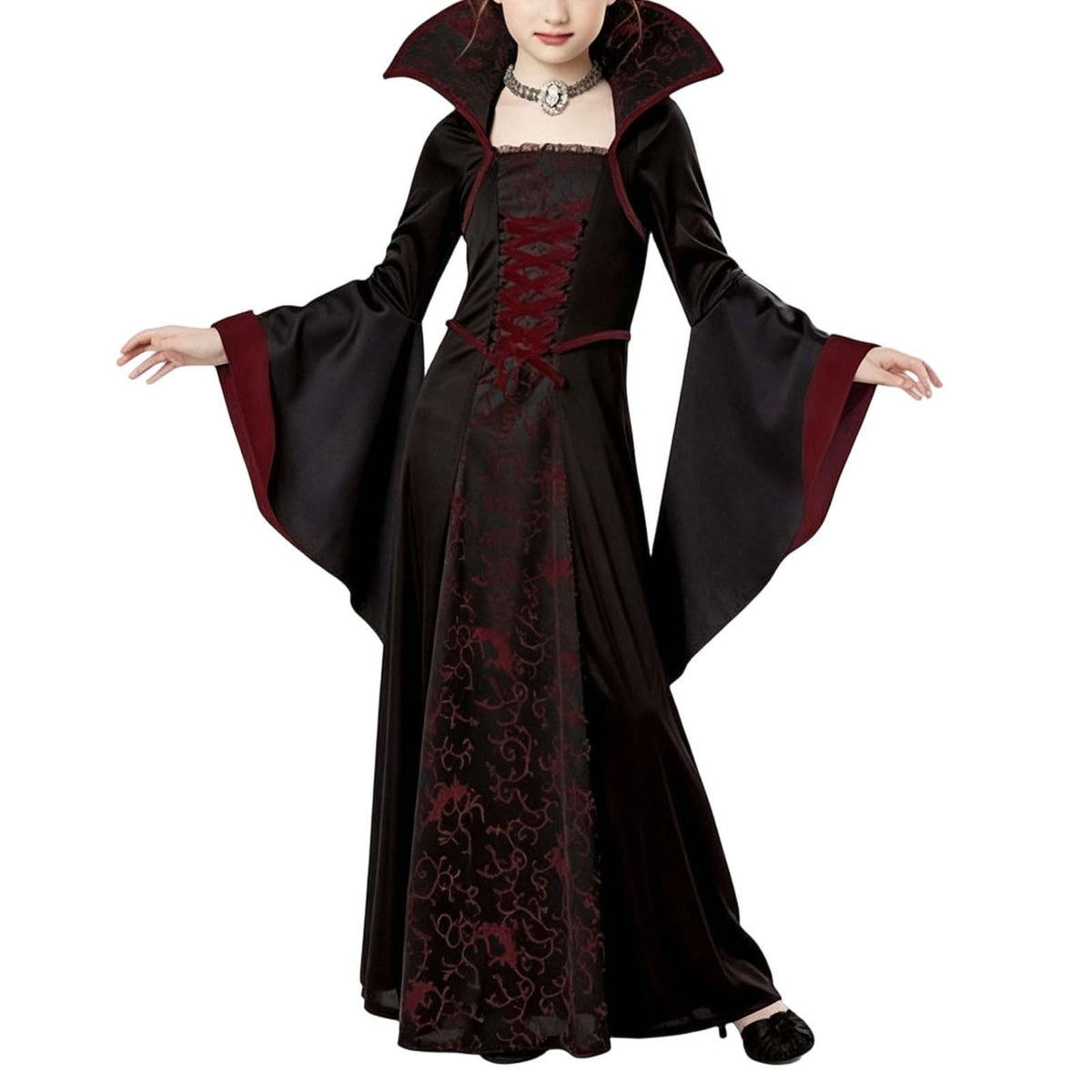DxhmoneyHX Girls Halloween Vampire Costume Medieval Gothic Long Flared Sleeve Witch Dress Classic Outfit for Festival Party 3‑13 Years