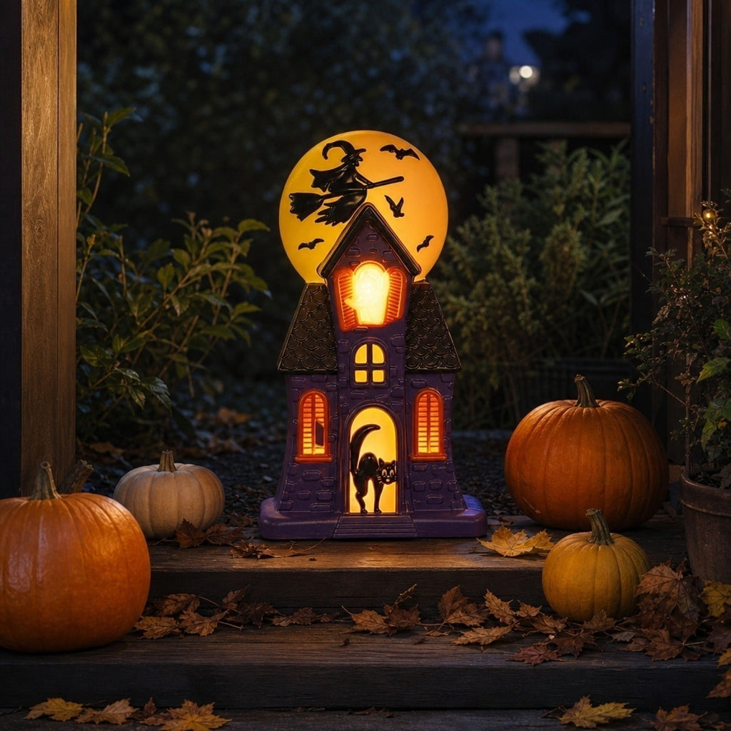 2026 New Summerween Haunted House Blow Mold Light with Bat Witch Black Cat Ghost for Halloween Ornament - Unique Resin Pre-Lit Spooky Mansion Haunted House for Tabletop Halloween Decorations