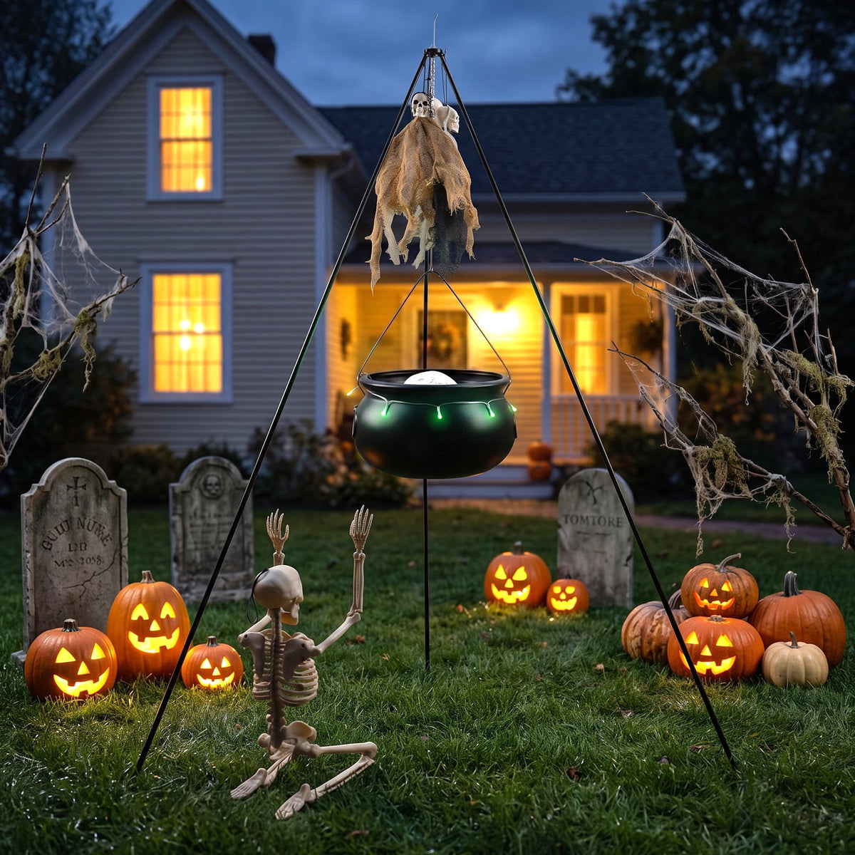 Halloween Decorations Bundle - 78cm/30.7" Witches Cauldron on 54" Tripod with Green LED Lights, 3pcs 40cm Skeleton, 60cm Skeleton, Skull Ornament, 4 Hooks - Indoor Outdoor Yard Porch Party Supplies