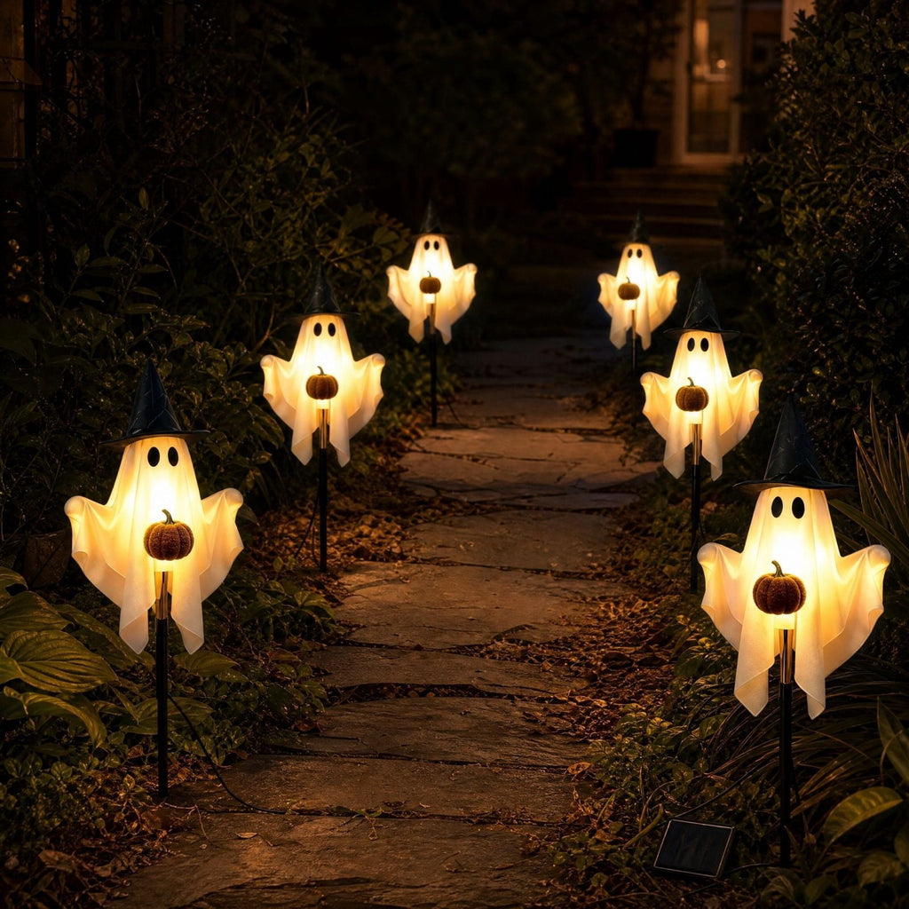 1-Pack Halloween Solar Lights with 8 Lighting Modes - Light Up Ghost Decorations for Outdoor, Witch Hat With Dimensional Pumpkin Halloween Ghost Path Lights