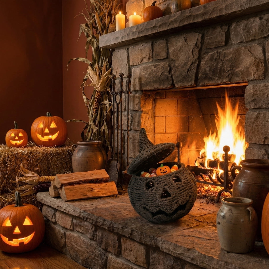 2026 Halloween Black Woven Seagrass Pumpkin Storage Basket with Lid, Fall Indoor Home Decorations for Halloween Party Home Halloween Decor, 10.2 inch