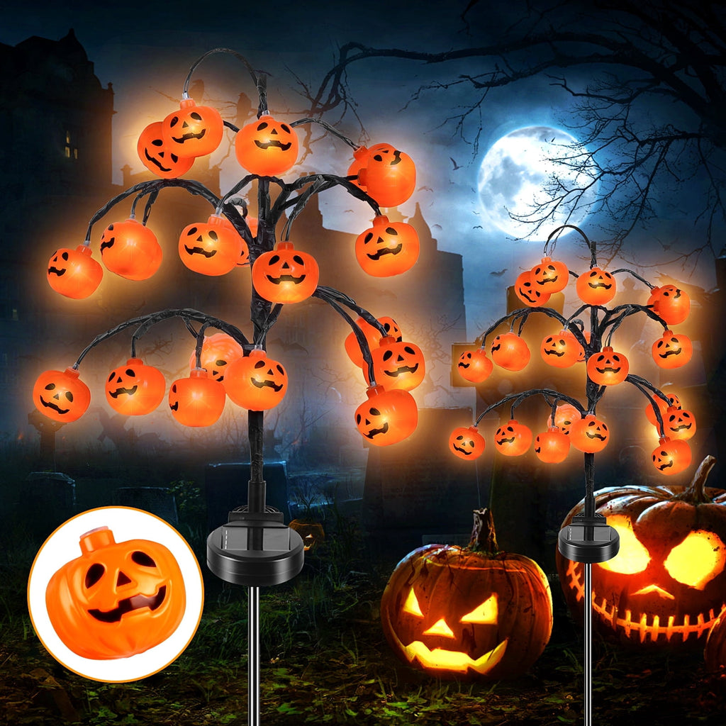Qoosea 2 packs 40 LEDs Solar Halloween Pumpkin Stake Lights, 2 Modes Outdoor Waterproof Halloween Decorations, Solar Halloween Lights Stakes for Garden Yard Pathway