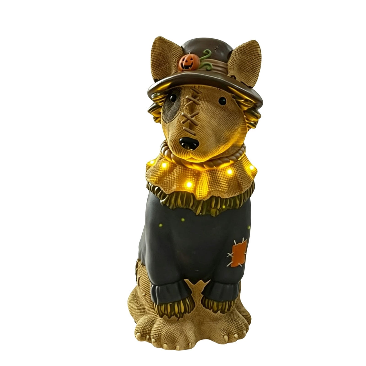 Halloween Dog Greeter - Frenchie 7.9in Resin Witch Dog with Light-Up Pumpkin, Spooky Fall Decor, Indoor Outdoor Tabletop Decoration