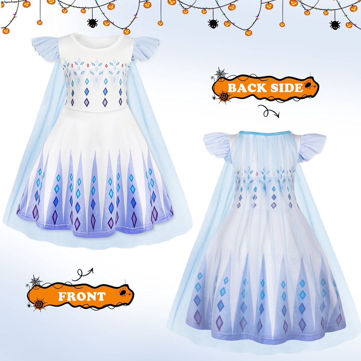 Benylion Girls Ice Princess Dress Halloween Cosplay Costumes With Tulle Cape Kids Birthday Party Dress up Outfit for 7-8 Years