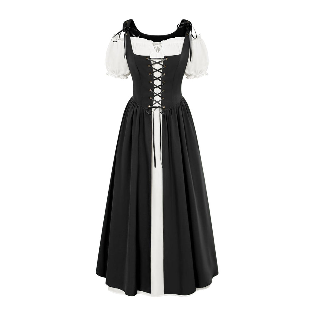 QATAINLAV Renaissance Costume Women Vintage Medieval Dress Cold Shoulder Short Sleeve Peasant Pirate Irish Maxi Dresses, Black, L