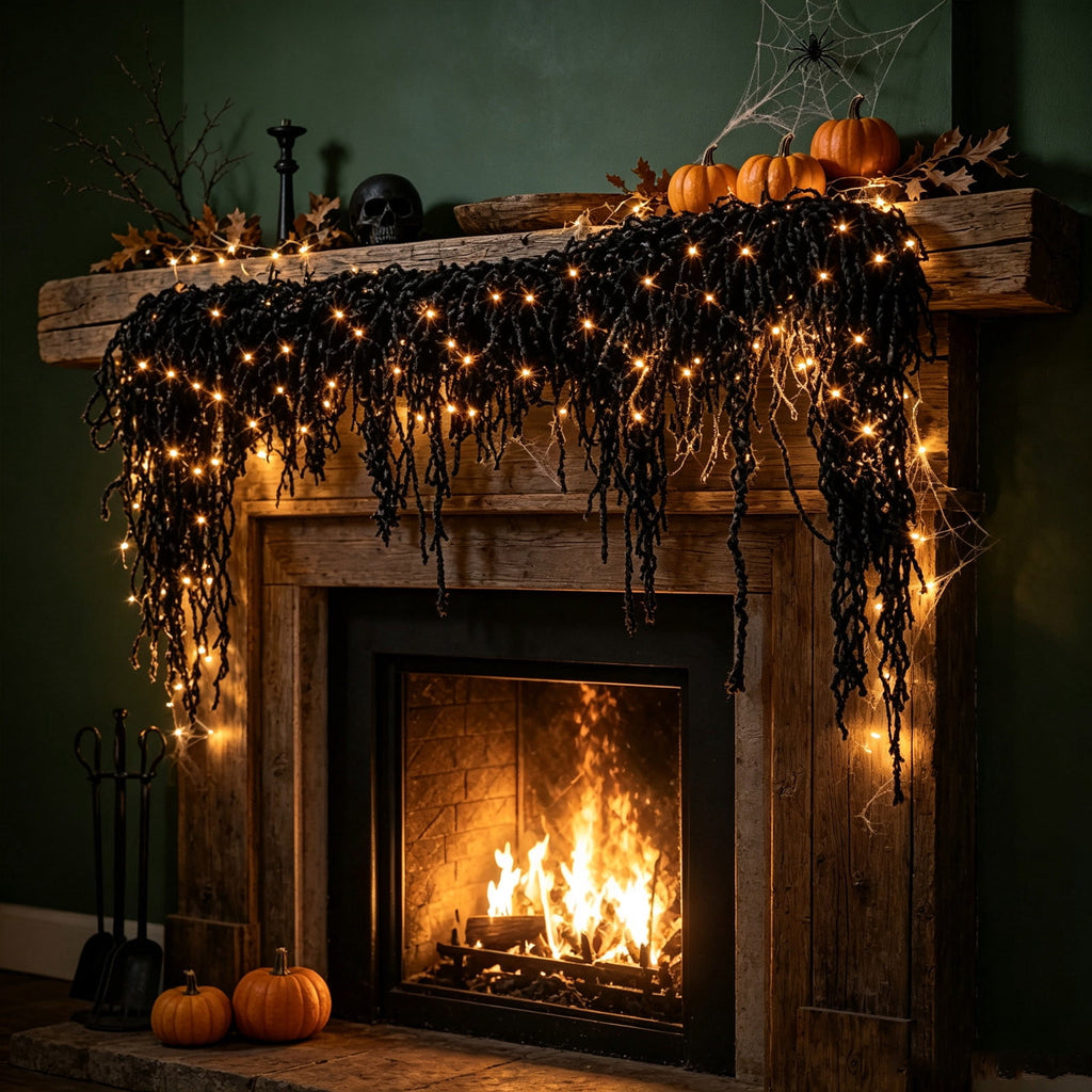 Orangide Halloween Spooky Garland Black Rope Rattan Fireplace Decor Set 71 in Hanging Ornament for Porch Wall Indoor Outdoor Fall