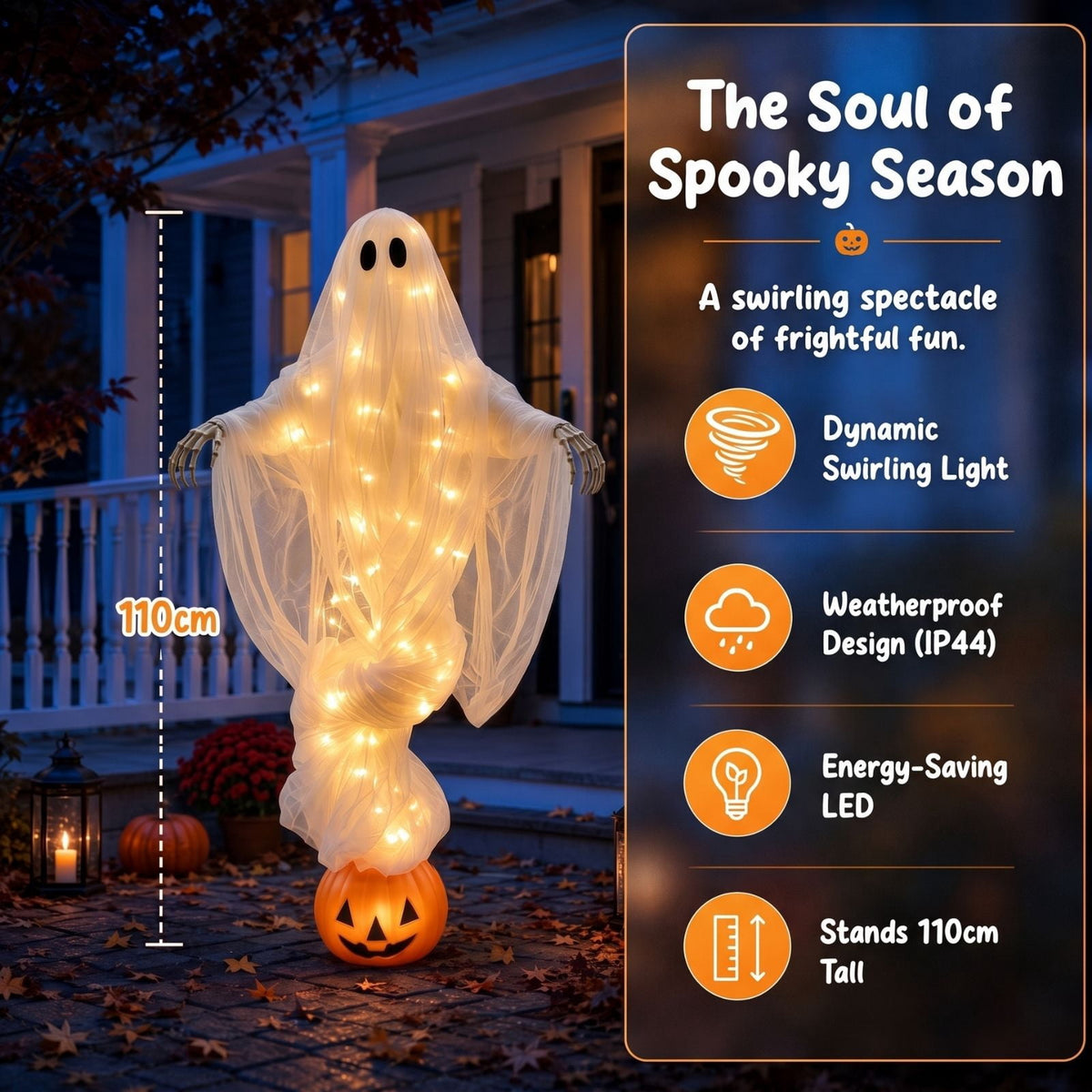 Swirling Ghost Pumpkin Yard Lamp, Lighted Spooky Ghost Statue, Warm LED Halloween Decorations Outdoor, Fall Autumn Garden Lawn Porch Pathway Ornament for Halloween Party Decoration