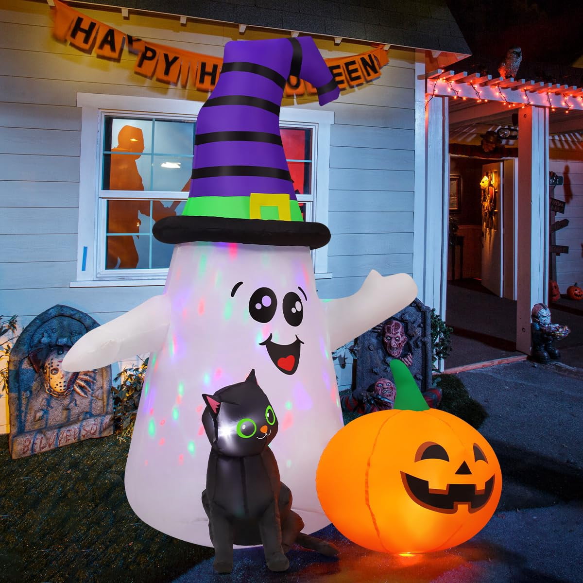 GOOSH Halloween Inflatables 5 FT Halloween Ghost Inflatable with LED Lights, Cute Ghost Blow Up with Wizard Hat Pumpkin Black Cat, Outdoor Halloween Decorations for Halloween Holiday Indoor Outdoor