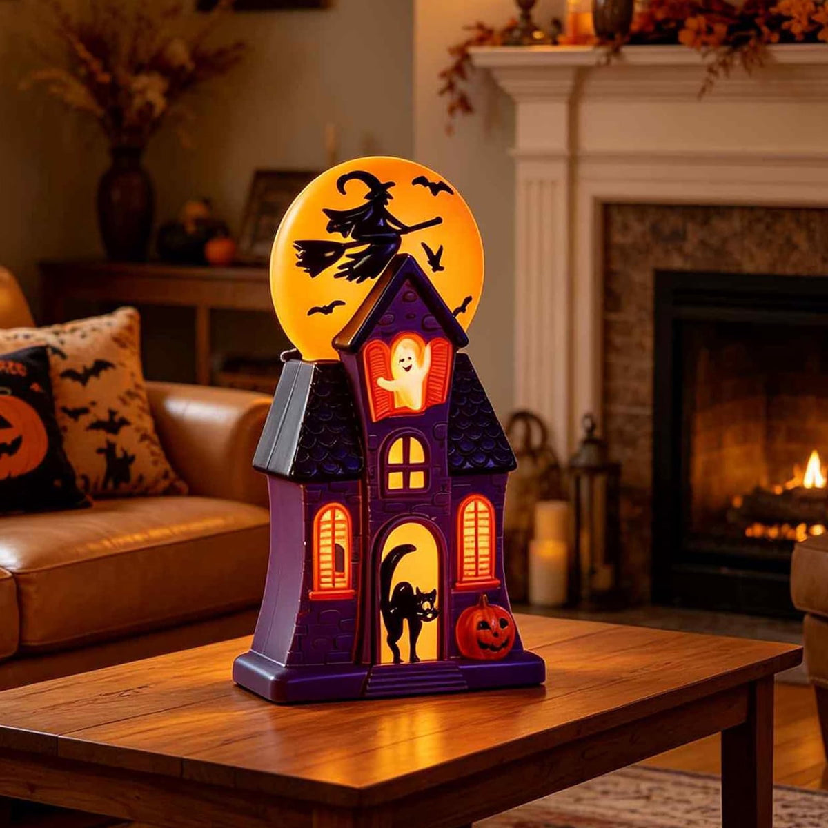 HAHUT Halloween House Blow Mold Light, Resin Pre-Lit Spooky Mansion with Glowing Witch Moon, Ghost & Black Cat for Halloween Party Tabletop Decor (Purple)