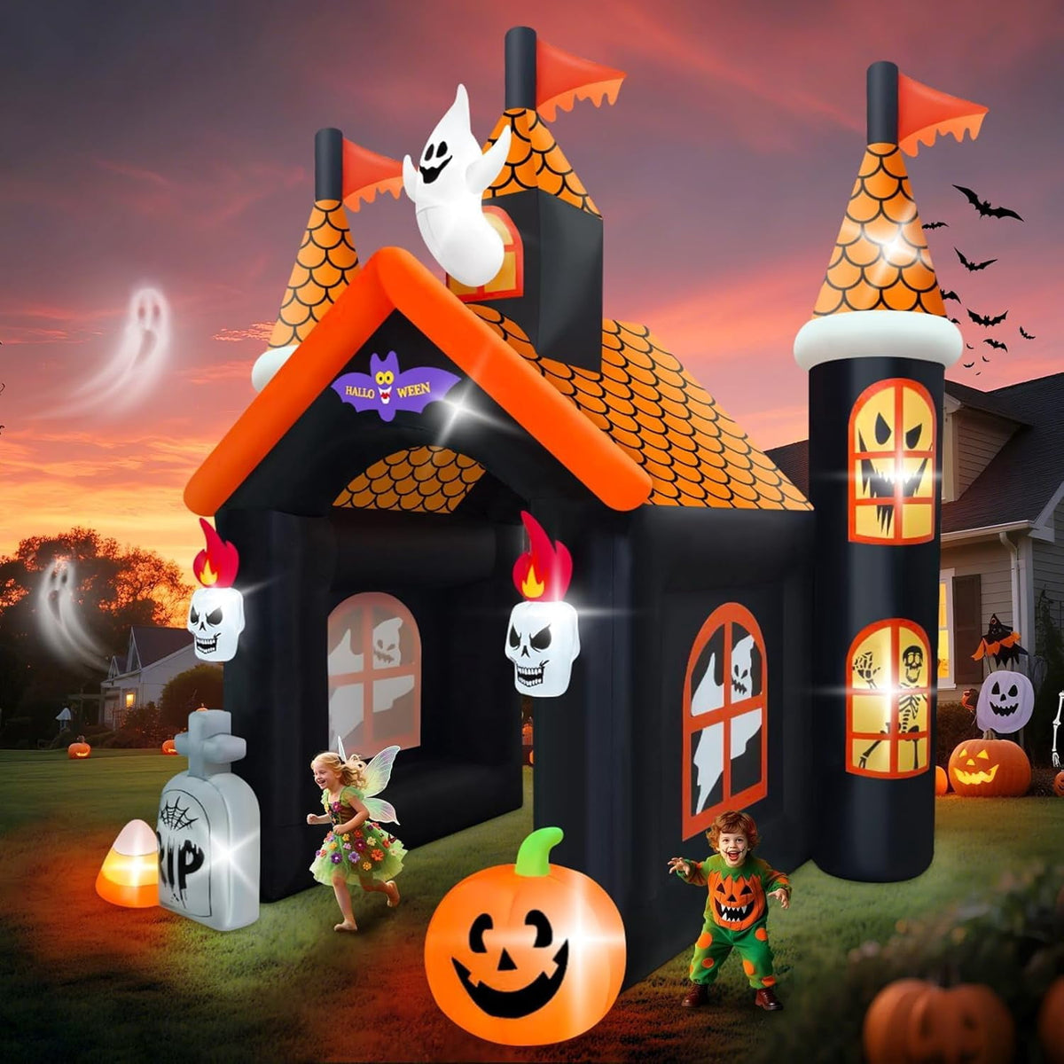 12FT Halloween Inflatable Archway, Kalolary Large Haunted House Inflatable Ghost Pumpkin Blow up Tunnel Halloween Outdoor Indoor Decorations Holiday Yard Lawn Inflatables for Home Family Party