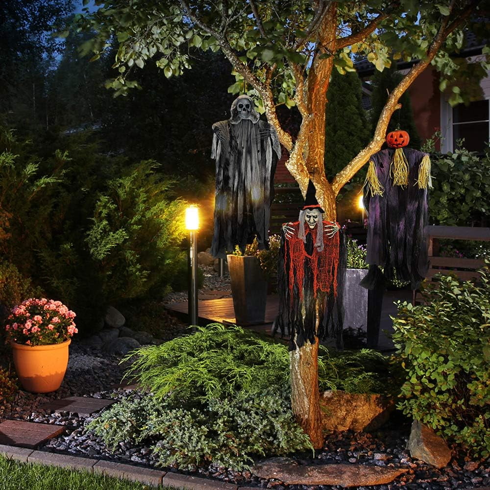 Joyfy 3 Pack Halloween Hanging Ghosts,Scary Skeleton Ghosts Grim Reapers Decorations for Halloween Indoor Outdoor Yard Home Decorations