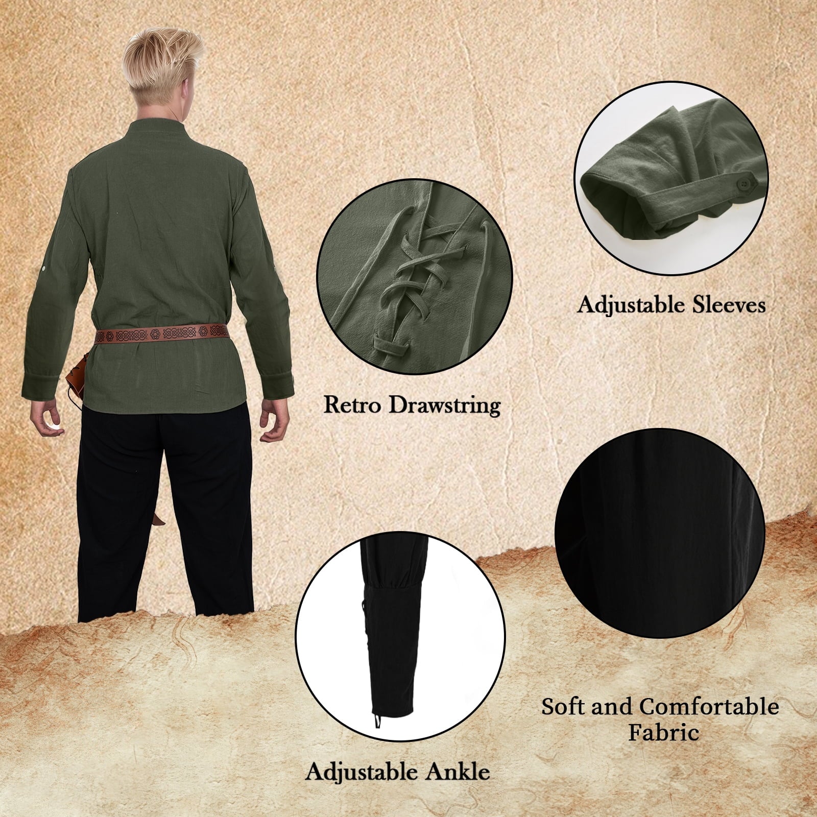 WASFDN 5 Pcs Men's Renaissance Costume Medieval Pirate Shirt Ankle Banded Pants Viking Costume Accessories Set,Style 2,M