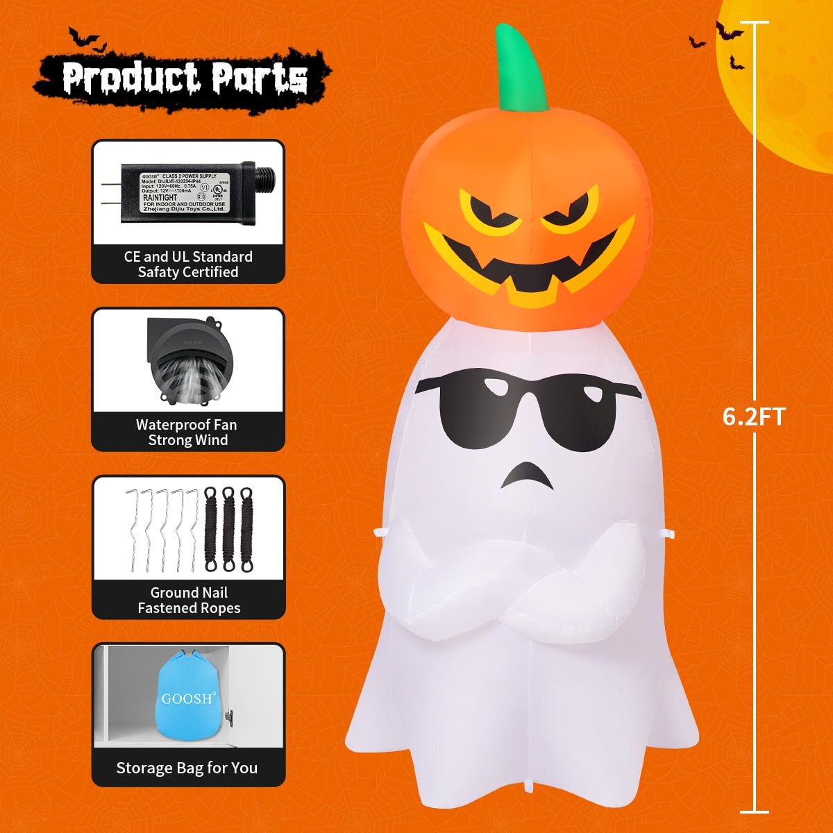 GOOSH Halloween Inflatables 6 FT Inflatable Ghost with Pumpkin, Cute Halloween Ghost Inflatable Halloween Decoration with LED Lights, Outdoor Halloween Decorations Blow up Ghost for Holiday Party