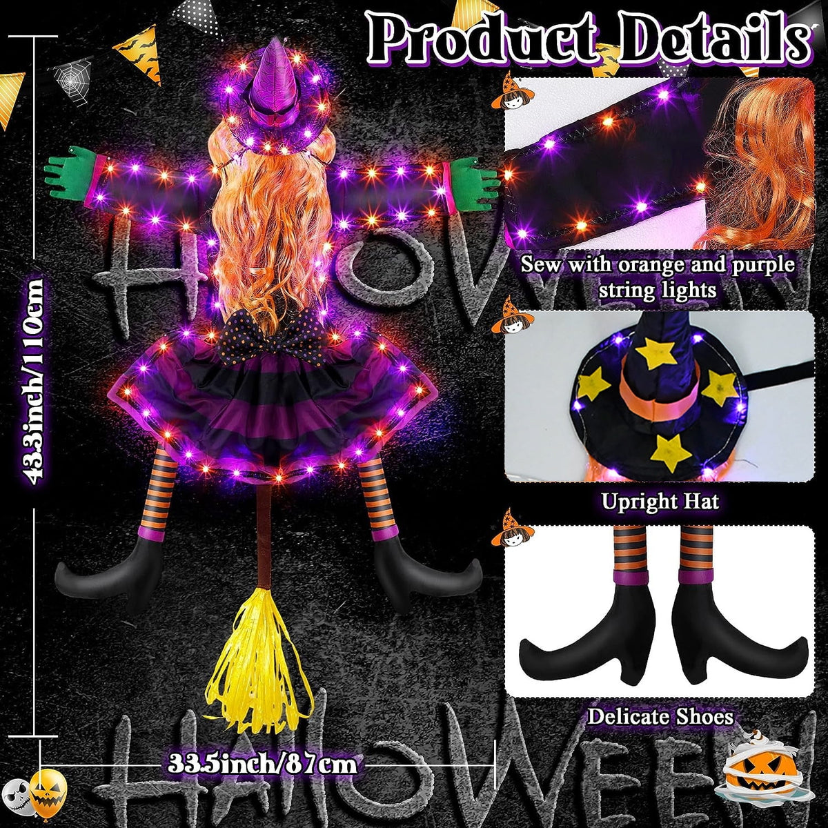 DAKIMOE Halloween Decoration Outdoor Witches Crashing Into Tree with Colorful LED Lights Crashed Witch Props Halloween Hanging Decorations for Indoor House Outdoor Yard Patio Decor 44''x33'' Orange