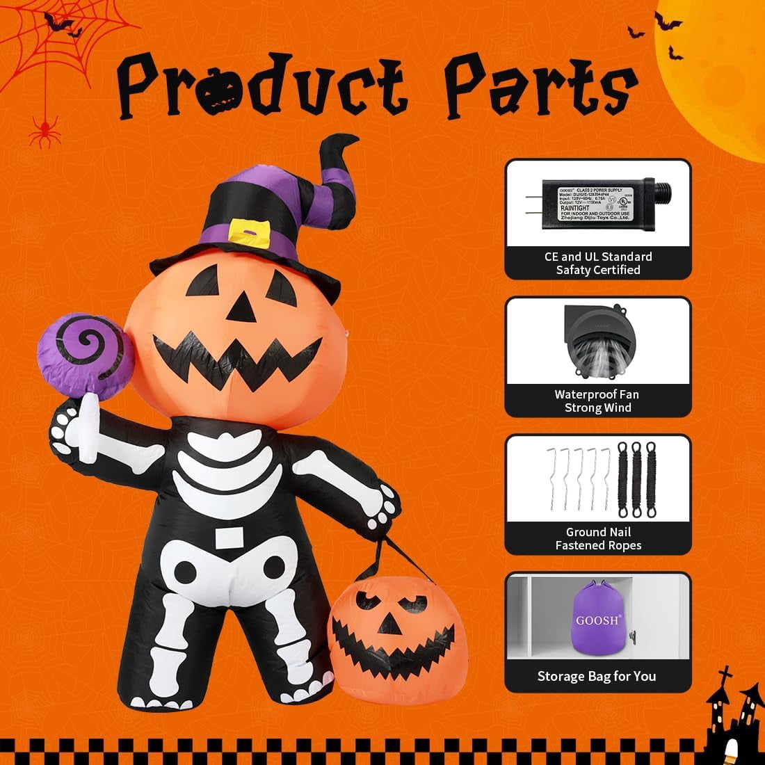 GOOSH Halloween Inflatables 6 FT Halloween Pumpkin Inflatable with Skull Body, Scary Blow Up Halloween Pumpkin Decoration with LED Lights, Outdoor Halloween Decorations Clearance for Holiday Party