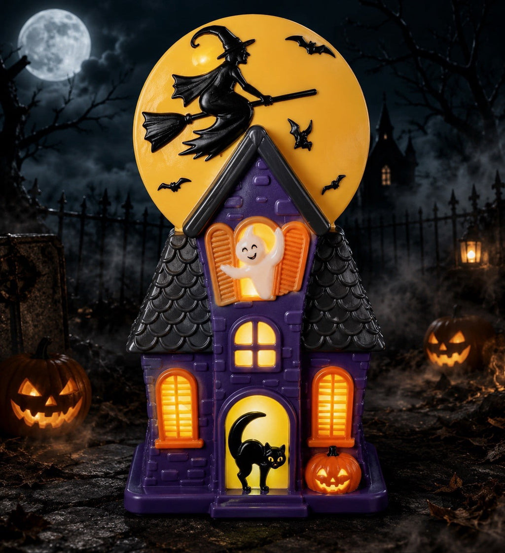 Halloween Haunted House Blow Mold Light - Crackr Pre-Lit Resin Spooky Mansion with Glowing Witch Moon, Barrl Retro Halloween Decorations