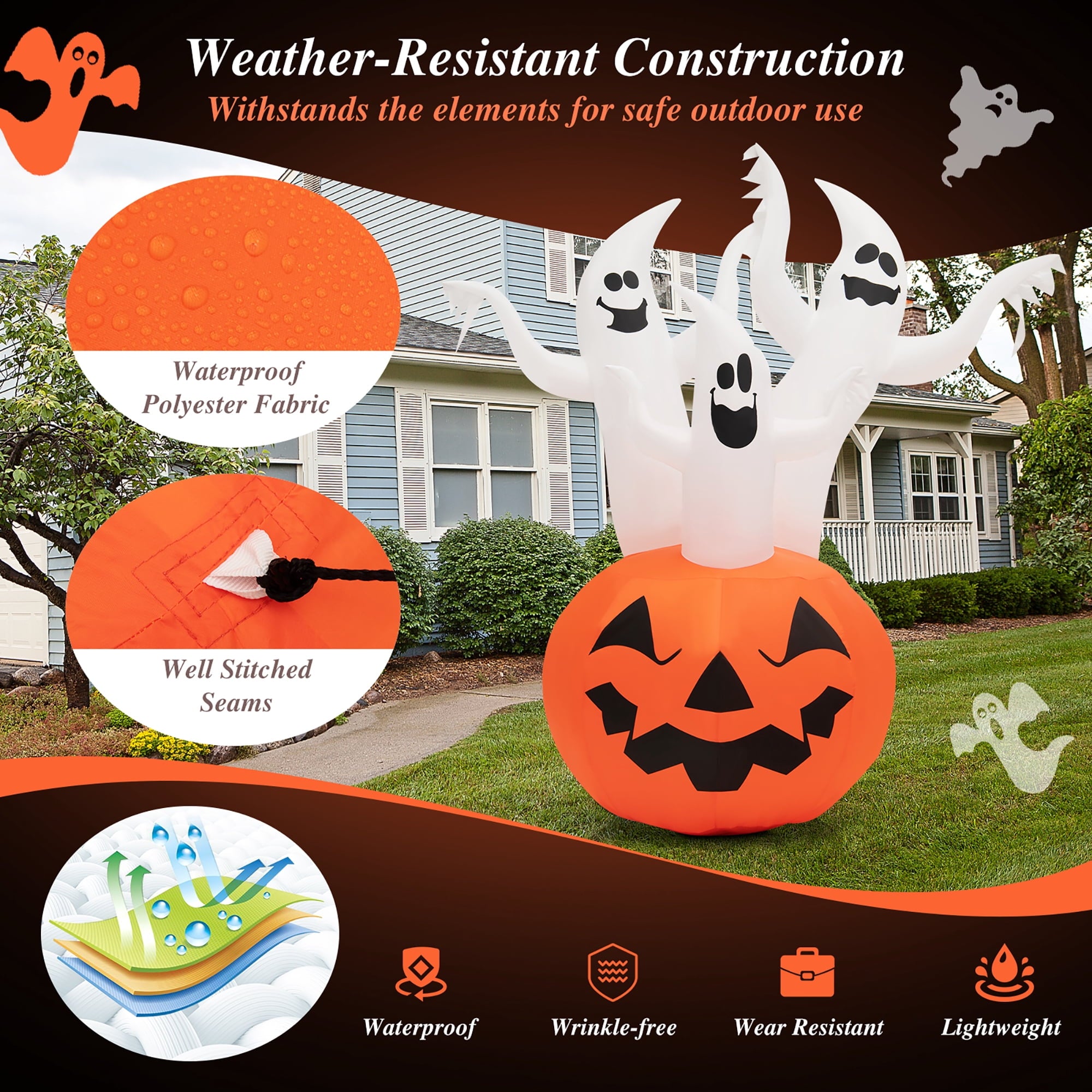 Costway 6 FT Inflatable Halloween Tree White Ghosts with Pumpkin Decor w/ Rotating Lamp