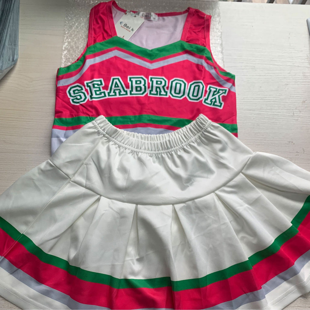 Girls Cheerleader Dress Up Outfit Skirt Set with Hair Bow & Pom Poms Monster Cosplay