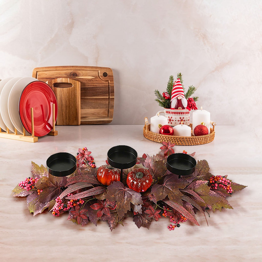 DAMAI Fall Centerpiece Table Decorations, 23.6'' L Assorted Artificial Pumpkins,Berries, Maple Leaves with 3 Candle Holders,Autumn Table Centerpiece for Harvest Party Thanksgiving Halloween