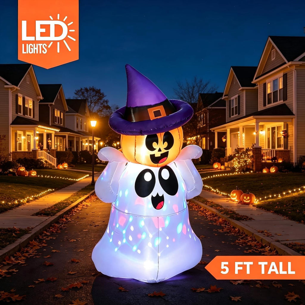 Joyfy 5Ft Halloween Inflatable Pumpkin Ghost with Colorful LED Lights,Halloween Blow Up Cute Decor for Indoor Outdoor Holiday Yard Decoration