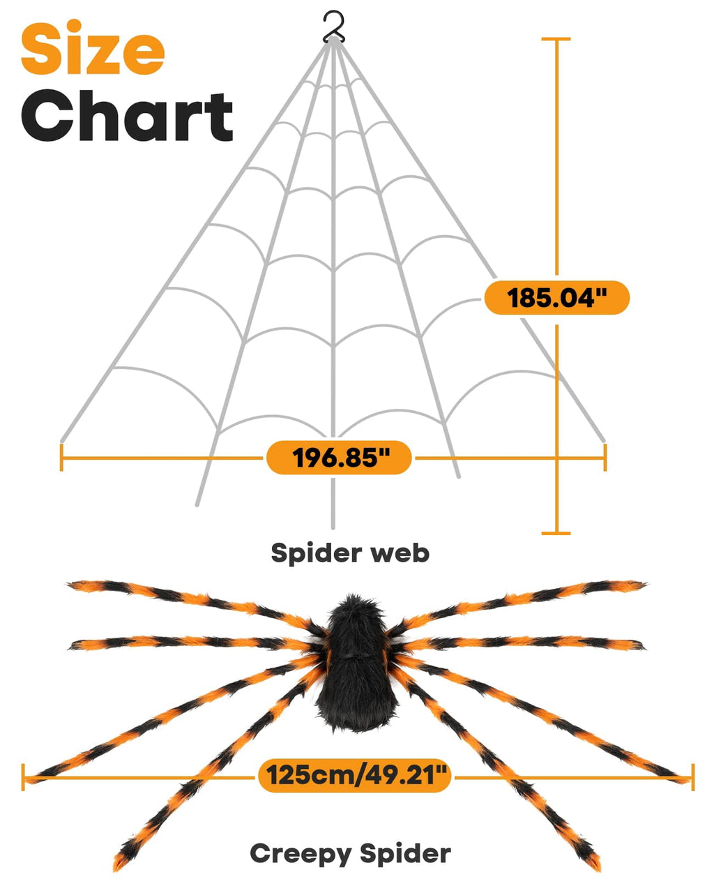 Halloween Decorations Outdoor Spider Webs: 1Pcs Giant Spiders - 200'' Triangular Web with Hook - Stretch Web and Ground Stakes for Large Halloween Decor and Haunted House Decoration