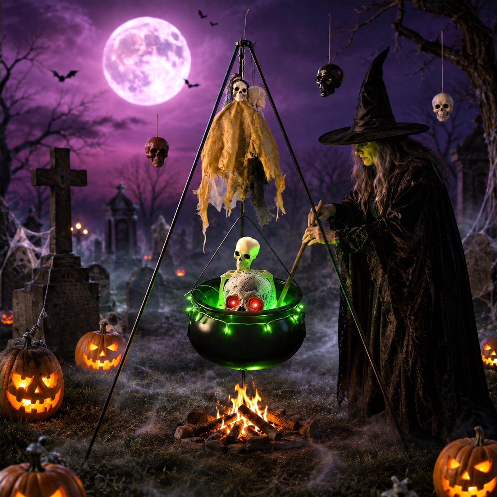 Halloween Decorations Bundle - 78cm/30.7" Witches Cauldron on 54" Tripod with Green LED Lights, 3pcs 40cm Skeleton, 60cm Skeleton, Skull Ornament, 4 Hooks - Indoor Outdoor Yard Porch Party Supplies