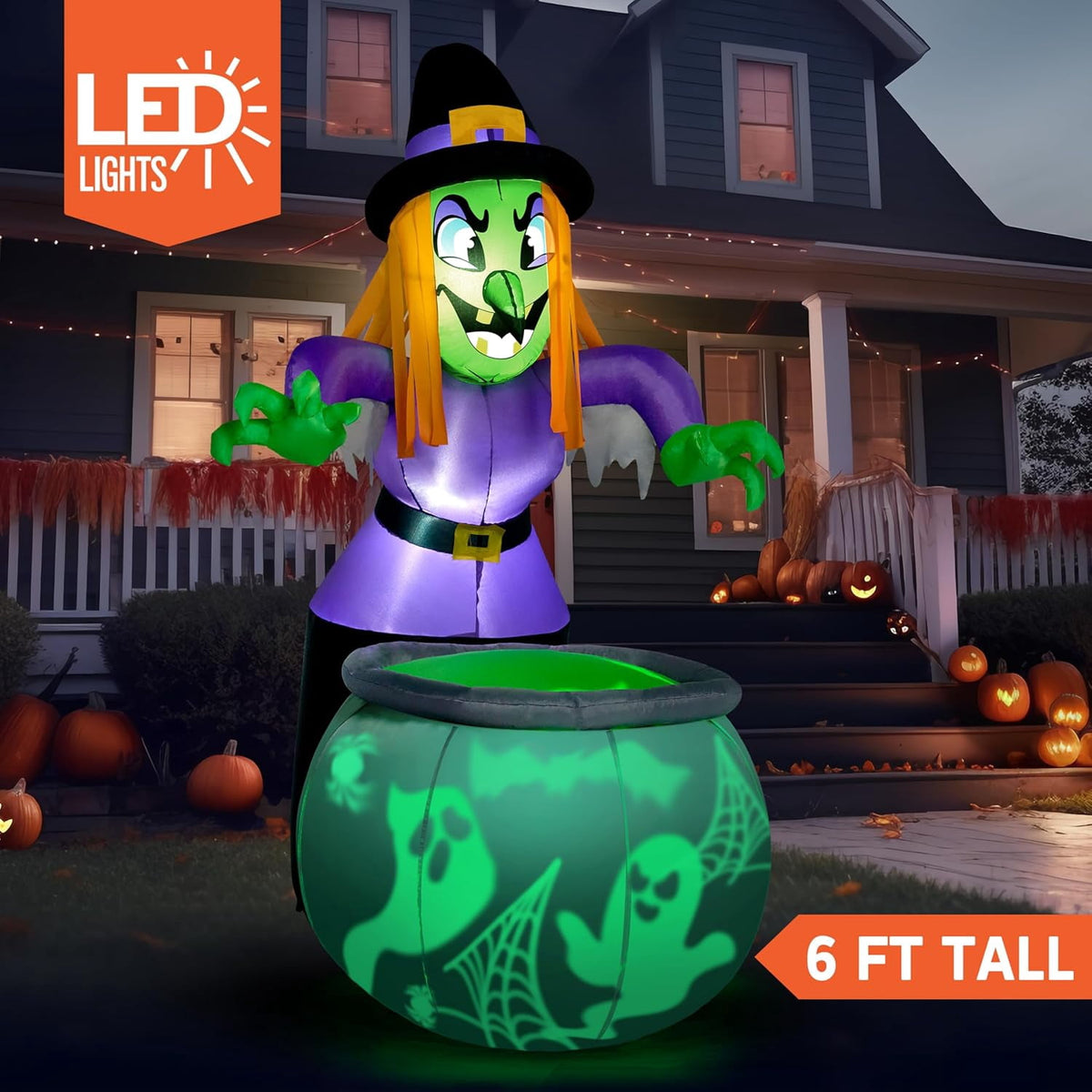 Joyfy 6 ft Halloween Inflatable Witch & Cauldron,Blow Up Decor with Rotating Green Ghost Projection Built-in LEDs,Outdoor Decoration for Party,Yard,Garden