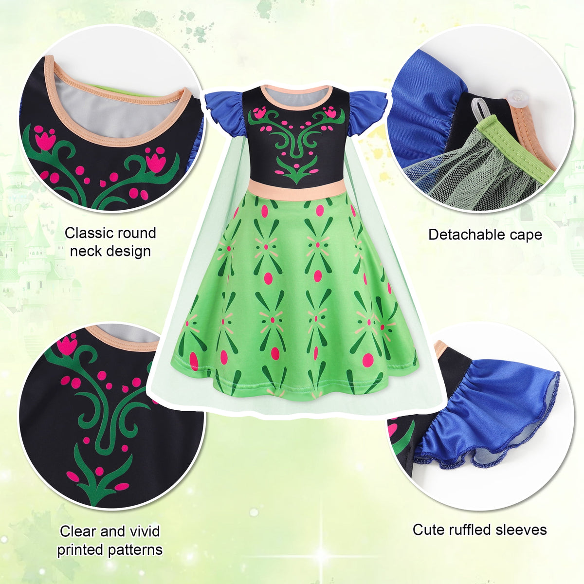 Benylion Girls Ice Princess Dress Halloween Cosplay Costumes With Tulle Cape Kids Birthday Party Dress up Outfit for 7-8 Years