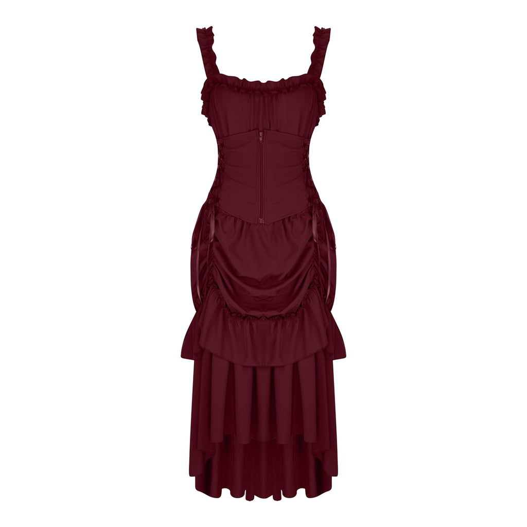 UPPADA Halloween Costumes For Womens Sleeveless Irregular Gothic Dress Ruffle Steampunk Dress Corset Square Neck Layers Dress