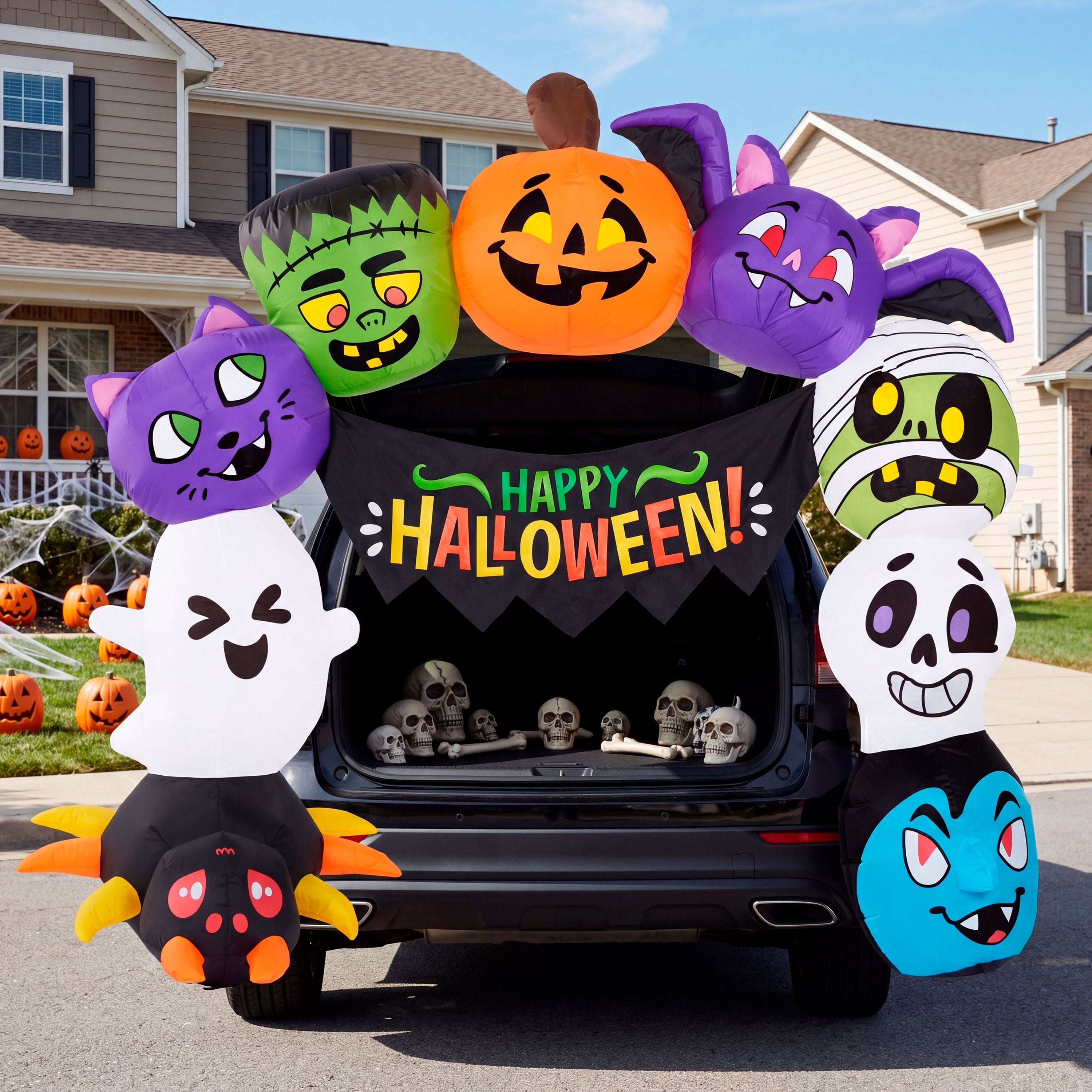 Joyfy 6 FT Halloween Inflatable Haunted Castle Decoration,Trunk or Treat Car Decorations Kit Ghost and Pumpkin with Built-in LED Light for Halloween Party Indoor,Outdoor,Yard,Garden Decor