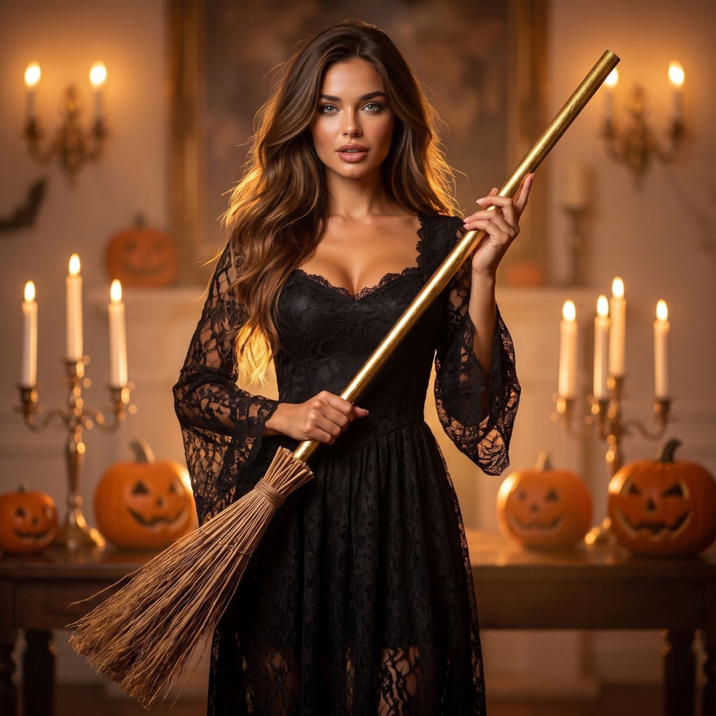 Halloween Witch Broom Cane with Ribbons, 38.2" Witches Broomstick for Wizard Costume Party, Photo Booth Accessory Stage Prop, Halloween Decoration, D