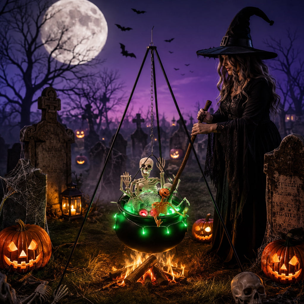 Halloween Decorations Bundle - 78cm/30.7" Witches Cauldron on 54" Tripod with Green LED Lights, 3pcs 40cm Skeleton, 60cm Skeleton, Skull Ornament, 4 Hooks - Indoor Outdoor Yard Porch Party Supplies