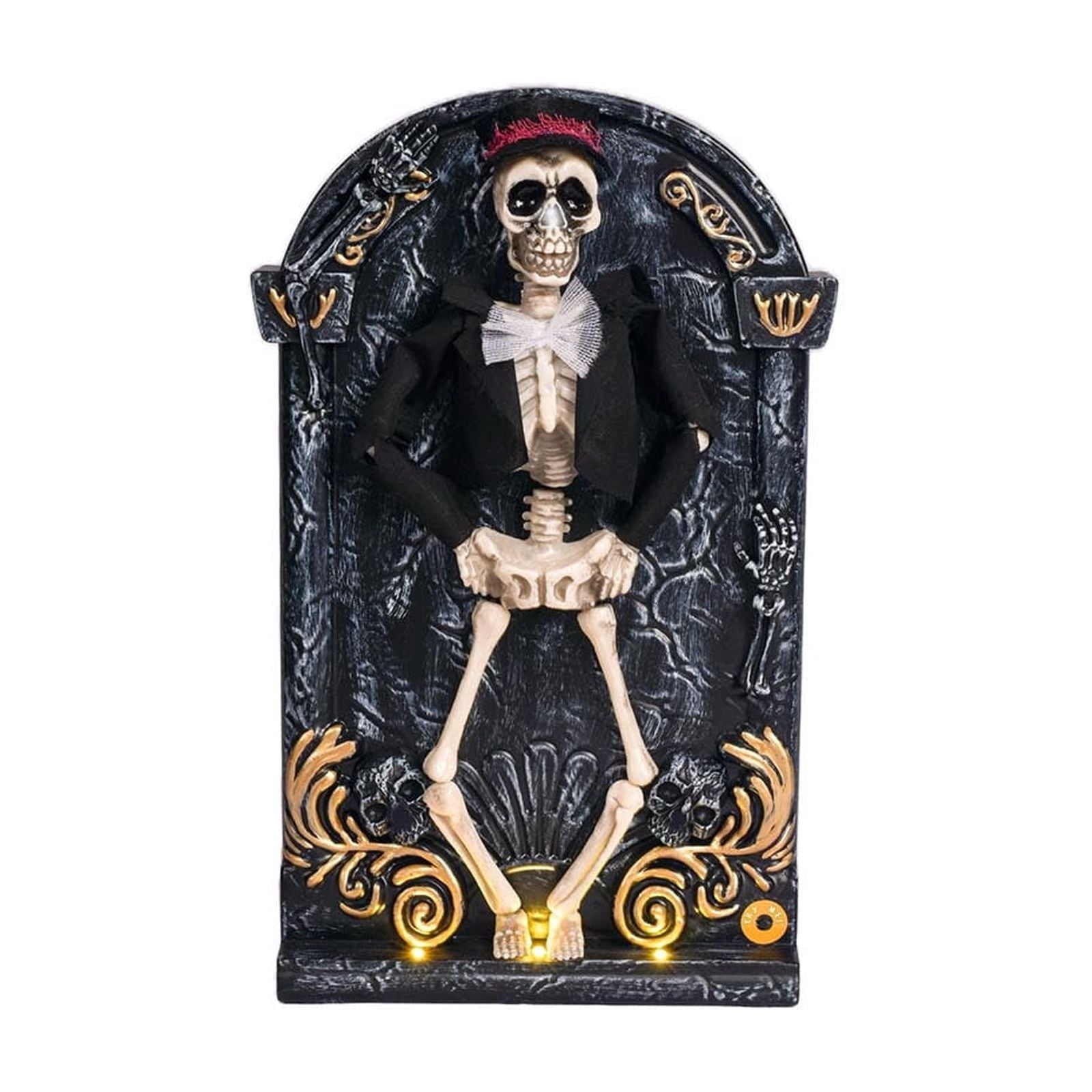 Halloween Animated Skeleton Tombstone Door Hanging Decor, Light Up Moving Skull Ornament with Warm LED, Gothic Front Door Wall Prop for Party Home